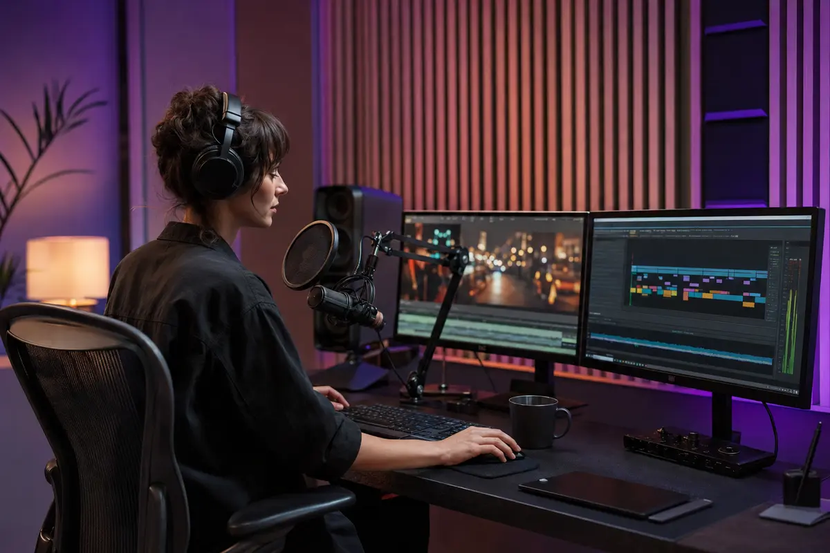 Profesional trabajando en subtitulado y traducción audiovisual